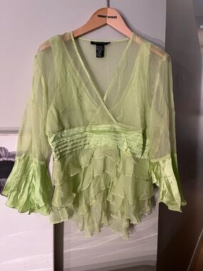 SilkLand Sheer Lime Green V-Neck Top
